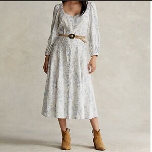 Polo Ralph Lauren 100%  Linen and Blue Floral Button Down Midi Dress Size 4